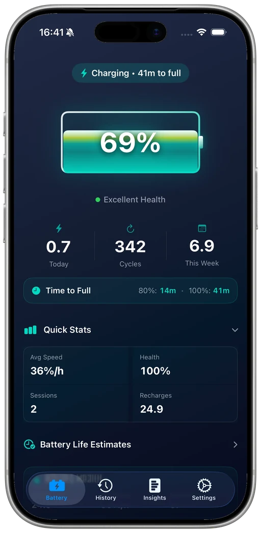 Battery Health Pro iPhone battery health dashboard