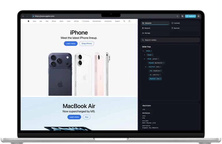 DevInspect Browser inspector framed in a MacBook Air